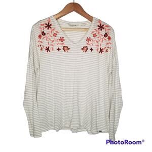 Orvis Womens Striped Embroidered Floral V Neck Tunic Shirt Long Sleeve XL